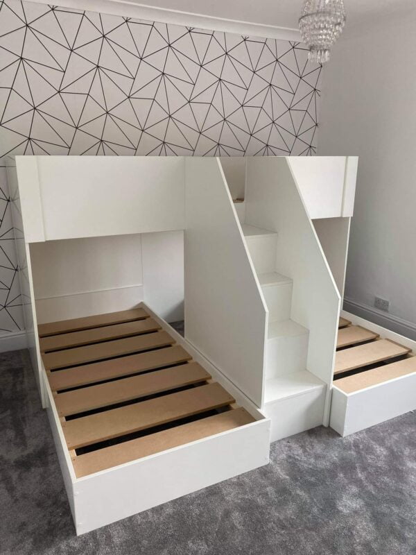 m shape triple bunk bed with steps