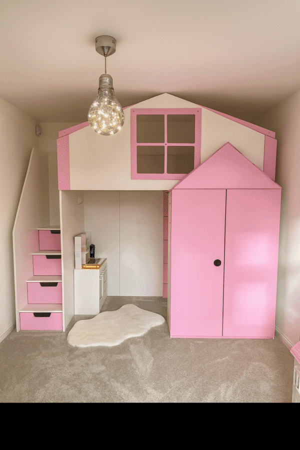 High Rise Kingdom Themed bed in girls bedroom with wardrobe and drawers intergrated into the bed frame.