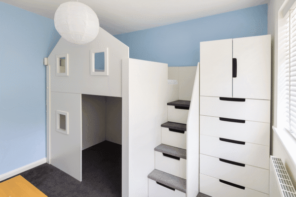 Hadley Home High Sleeper bed with stairs and drawers in the stairs with matching wardrobe and drawers storage unit