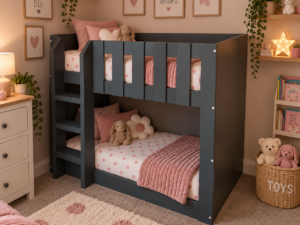 Toddler size bunk bed with ladder in dark grey