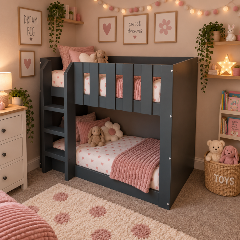 Toddler size bunk bed with ladder in dark grey