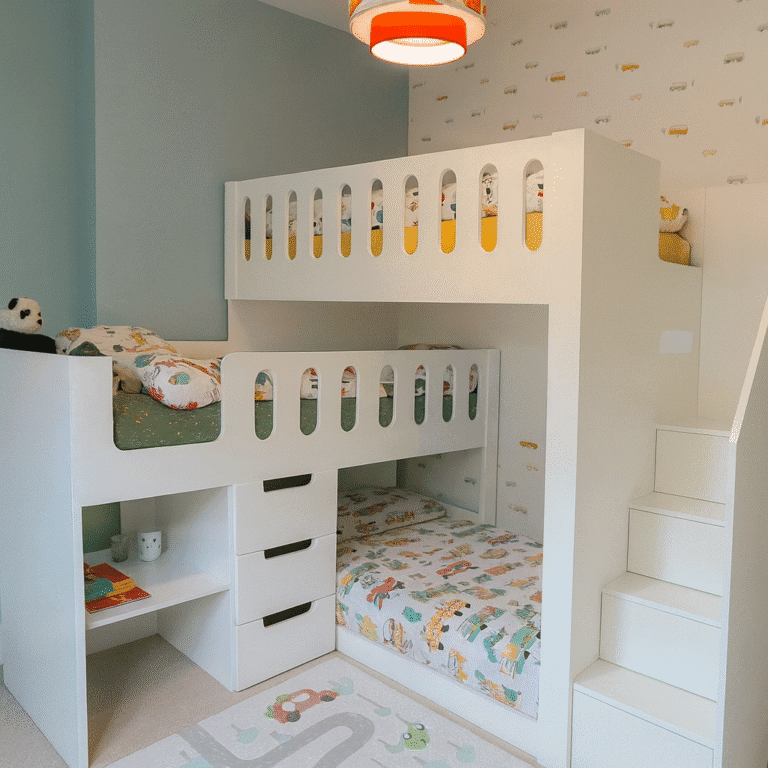 Triple bunk bed with storage in white. sleeping three children in one bedroom.