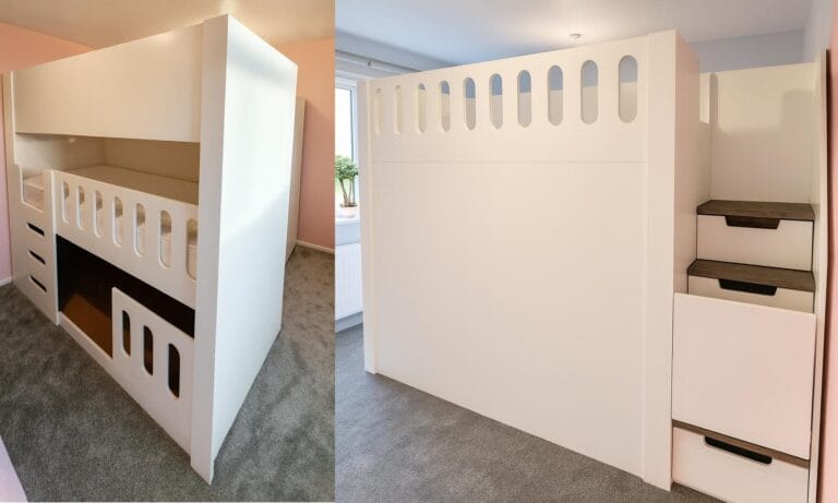 room divider triple bunk bed. splitting 1 room into two for 3 children sharing bedroom