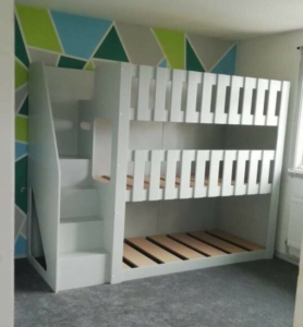 Triple tier bunk bed white with stairs