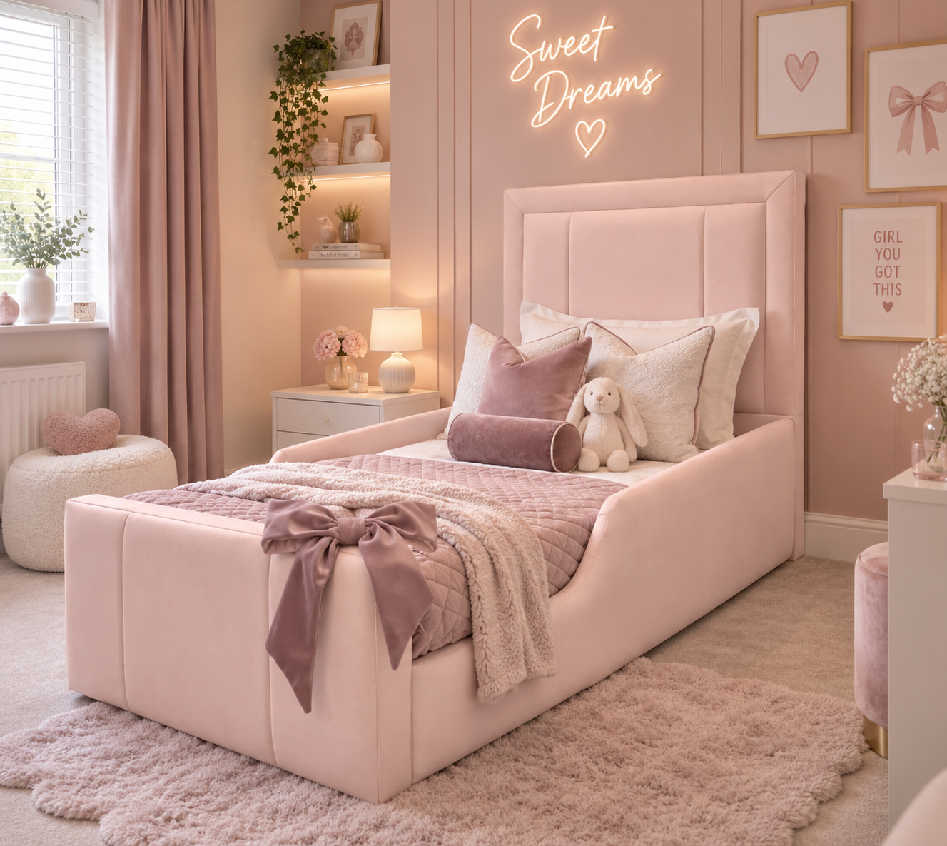3 Panel Stylo Kids Fabric Bed in blush pink, styled in a modern pink girls bedroom with soft bedding and bow detail.