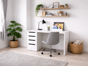White single pedestal desk with drawers in a modern bedroom, styled with chair, shelves, and neutral décor.