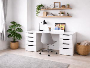 White double pedestal desk with drawers on both sides in a modern home office, styled with shelves, plants, and soft décor.