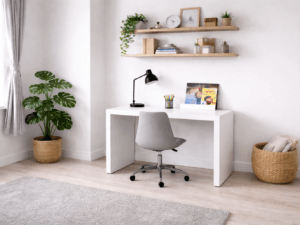 Minimal white desk with solid sides and no drawers in a modern home office, styled with chair, shelves, plants, and soft neutral décor.
