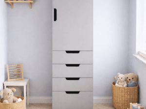 Orion 1 door wardrobe with four drawers in light grey finish shown in a modern children's bedroom.