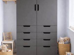 Orion 2 door children's wardrobe with eight drawers in Dark Grey HDF, modern minimalist kids bedroom storage unit with integrated handles.