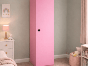 Pink Sweetheart 1 door children’s wardrobe with heart cut-out handle, pastel kids bedroom furniture made from durable 18mm HDF by Funky Bunk Beds.