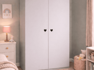 Grey Sweetheart 2 door children’s wardrobe with heart cut-out handles, modern kids bedroom storage furniture made from durable 18mm HDF by Funky Bunk Beds.