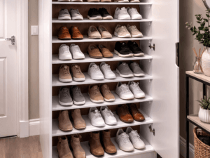 POLAR Shoe Storage Cabinet open showing multiple shelves with organised shoes inside