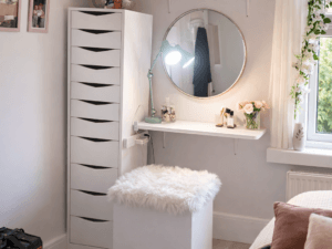 VERTEX tall drawer tower with multiple slim drawers displayed in a modern bedroom setting