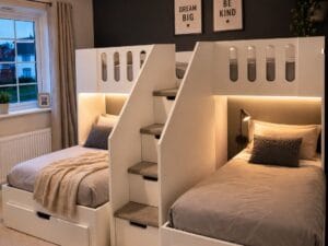 M shape triple bunk bed. Three single beds to sleep 3 children in one bedroom