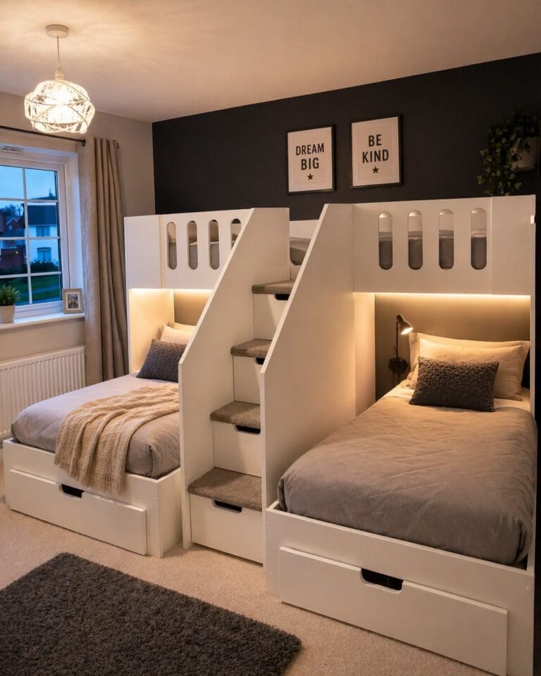 M shape triple bunk bed. Three single beds to sleep 3 children in one bedroom