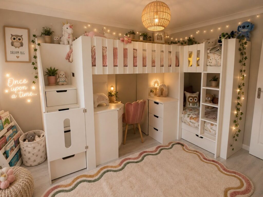 Bespoke Corner Triple sleeper with storage, desk and drawers. sleeping three children in shared bedroom. modern funky design