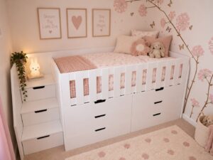 single bed with drawers under the bed with stairs with storage