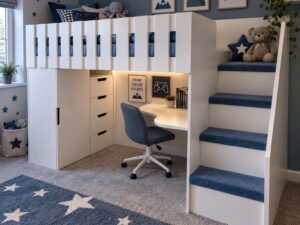 Study storage high sleeper with steps and wardrobe and drawers