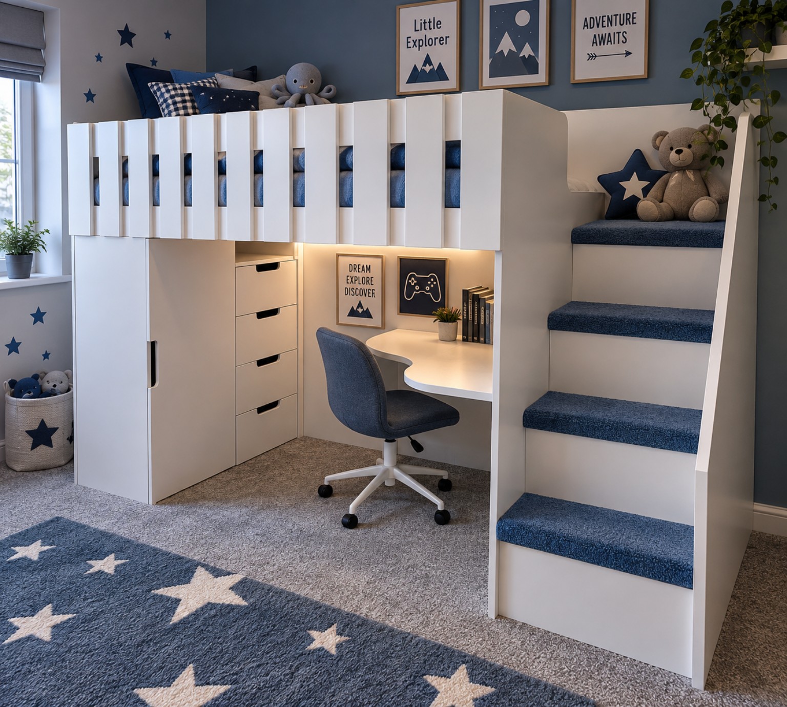 Study storage high sleeper with steps and wardrobe and drawers